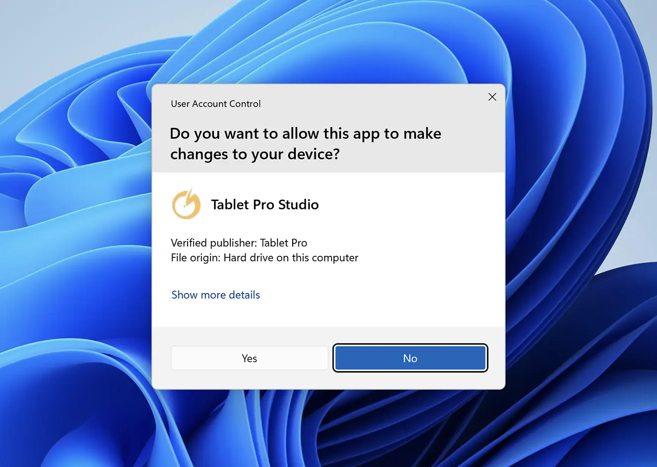 Windows User Account Control prompt asking to allow Tablet Pro Studio to make changes to this device, with Yes and No buttons.