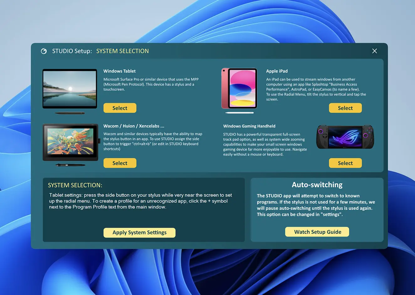 Dialog-style software setup window titled 'STUDIO Setup: SYSTEM SELECTION' displaying four device options with images and yellow 'Select' buttons on a teal panel over a Windows background.