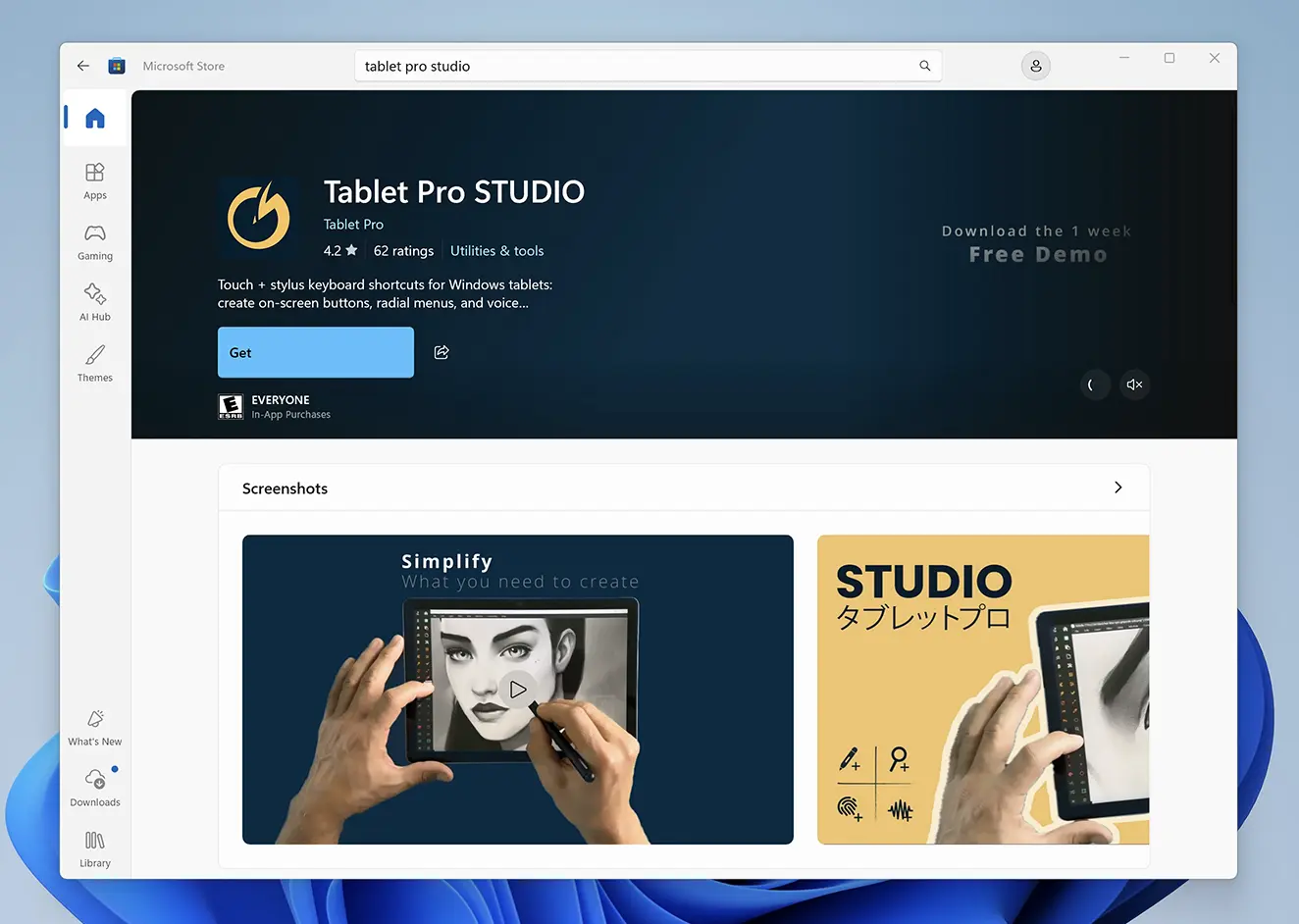 Screenshot of the Microsoft Store page for 'Tablet Pro STUDIO' showing the app banner, rating, and a 'Screenshots' panel with two preview images on a light-gray window.