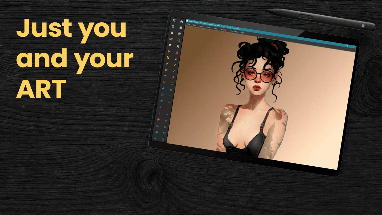 Digital drawing tablet showing an illustration of a woman in red sunglasses on a dark wooden desk with a stylus beside it.