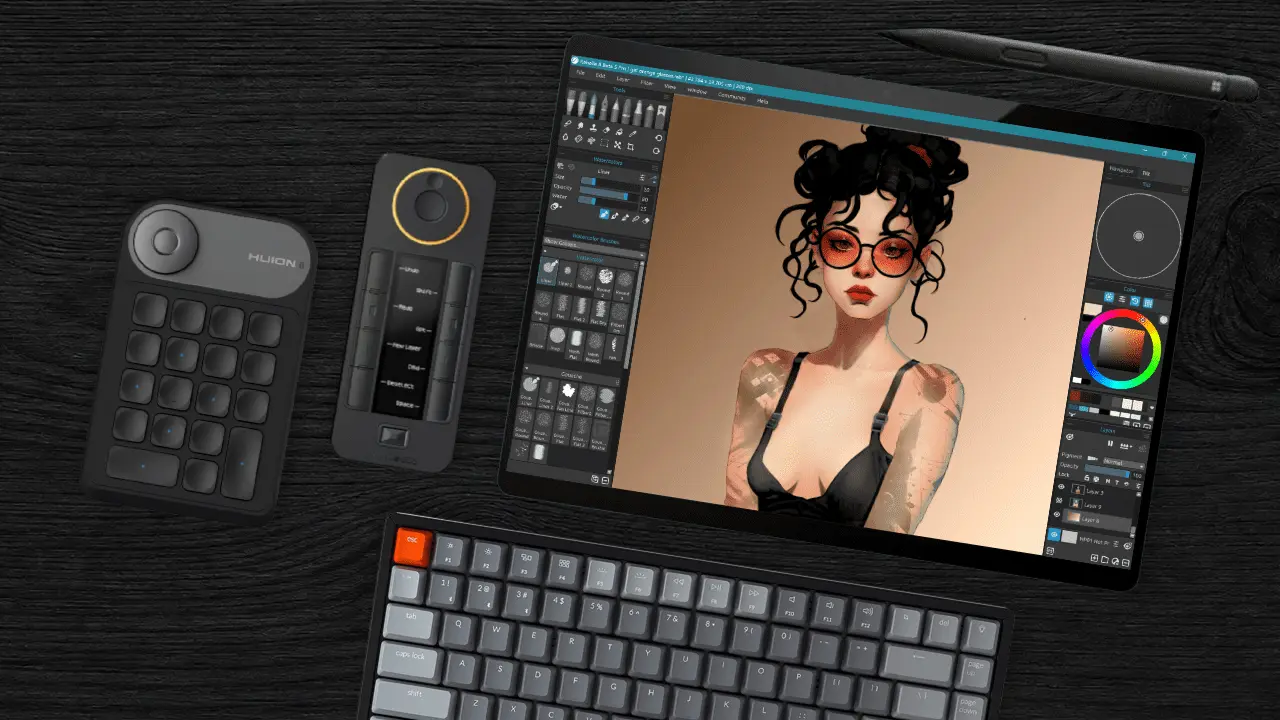 before Digital art workstation: a drawing tablet with a stylus, a compact pad, and a keyboard; screen shows a stylized woman portrait in progress.