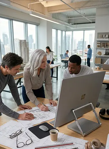Three colleagues lean over blueprints on a desk, discussing plans beside a large monitor in a bright, open-office with city skyline outside.