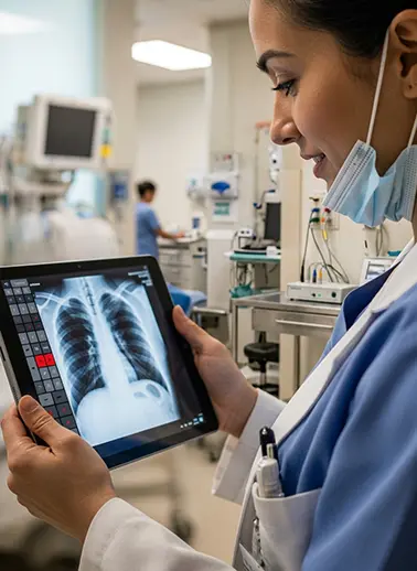 Nurse in scrubs holding a tablet that shows a chest X-ray, in a hospital ward setting.