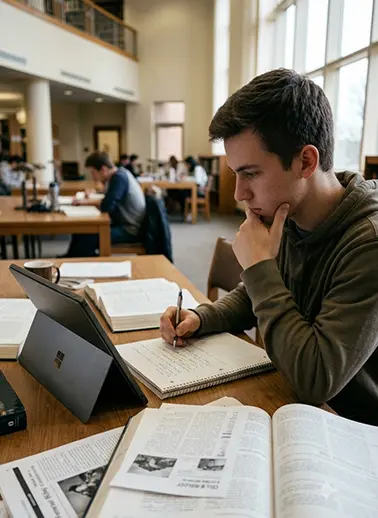 A student studying in a library, writing in a notebook with a pen while a tablet rests upright and open textbooks spread on the desk.