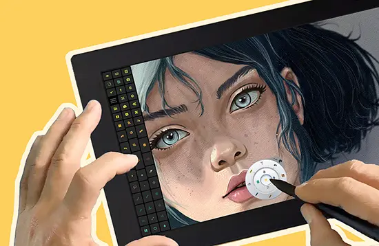 Close-up of a digital artist drawing a portrait on a tablet, using a stylus; a keyboard is visible beside the screen on a yellow background.