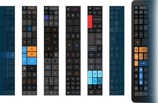 Collage of six mobile screens displaying customizable remote-control layouts with blue and orange shortcut tiles.