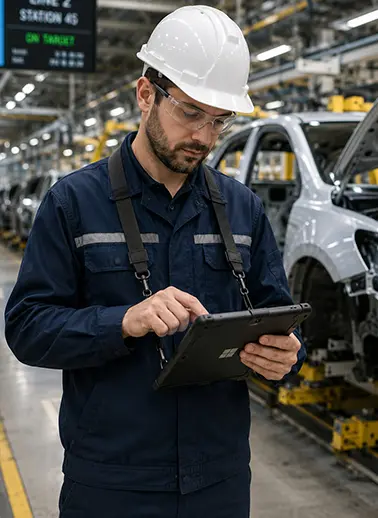 Factory worker in a hard hat and safety glasses uses a tablet on an automotive assembly line, inspecting car parts.