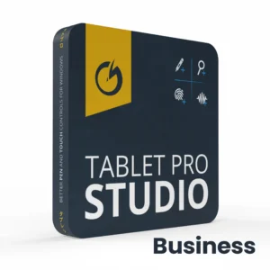 3D angled product box for Tablet Pro, dark blue with a yellow panel and bold 'TABLET PRO' branding; 'Business' text visible at the bottom.