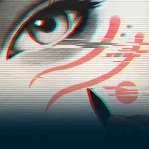 Close-up of a stylized eye with neon red/blue glitch accents and curved lines suggesting drawing with a pen nearby.