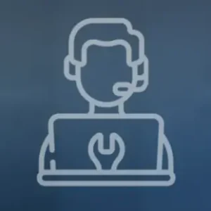 Icon of a support agent with headset, using a laptop that shows a wrench symbol (technical support).