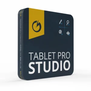 3D render of a curved dark blue panel resembling a book cover with a yellow middle stripe and white typography reading 'TABLET PRO STUDIO' on a white surface.