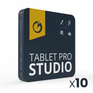 3D render of a dark navy Tablet Pro Studio packaging with a yellow panel, showing icons and the text 'TABLET PRO' and 'x10' visible near the corner