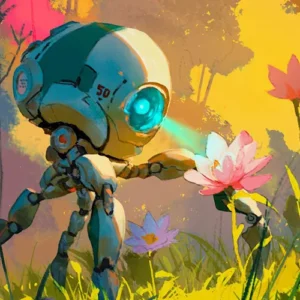Small teal robot in a colorful meadow, shining a beam from its eye onto a pink flower to study it.